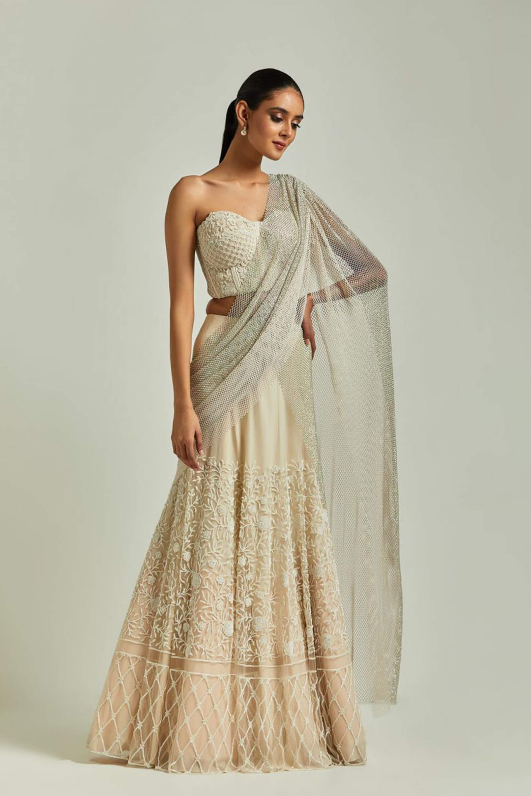 Cream Lehanga Saree With Rhinestone Aanchal And Cream Corset