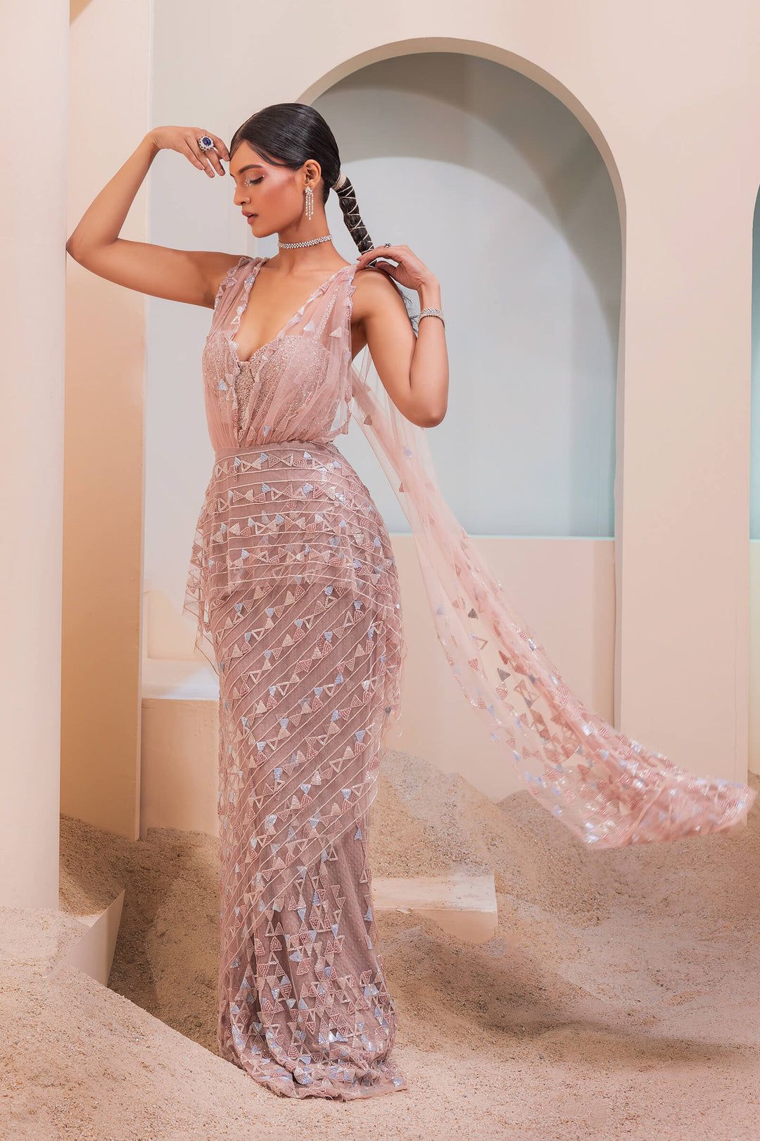 Burnt Pink Pre-stitched Dunagree Saree With Geometric Beadwork And Beaded Corset