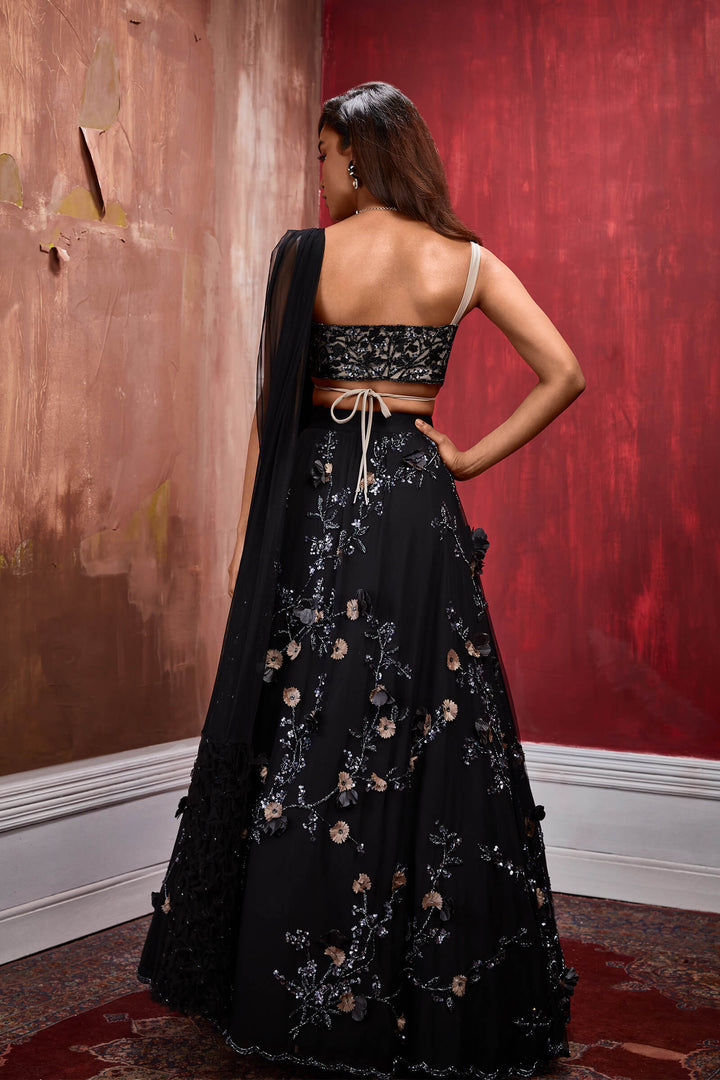 Black 3d Flower Lehenga With Hand Embroidered Tie Up Blouse And Smocked Stole