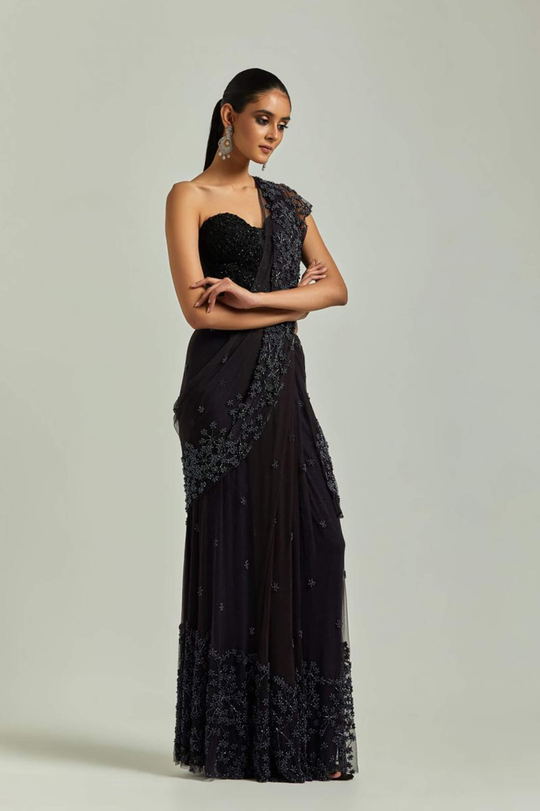 Purple Saree Garden City With Beaded Black Corset