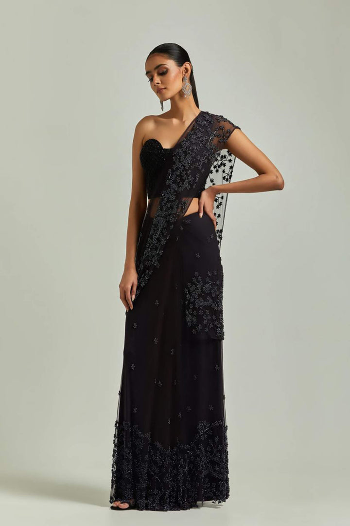 Purple Saree Garden City With Beaded Black Corset