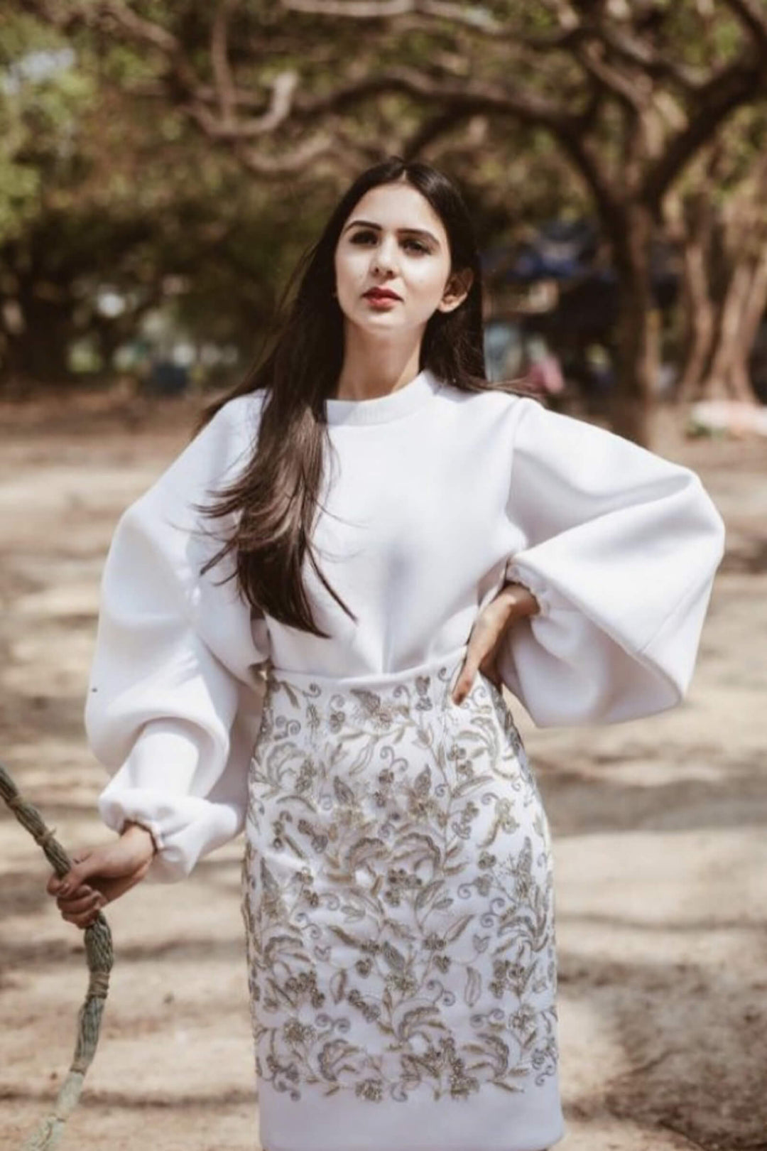 White Top With Bouffant Sleeves / Embroidered Midi Skirt