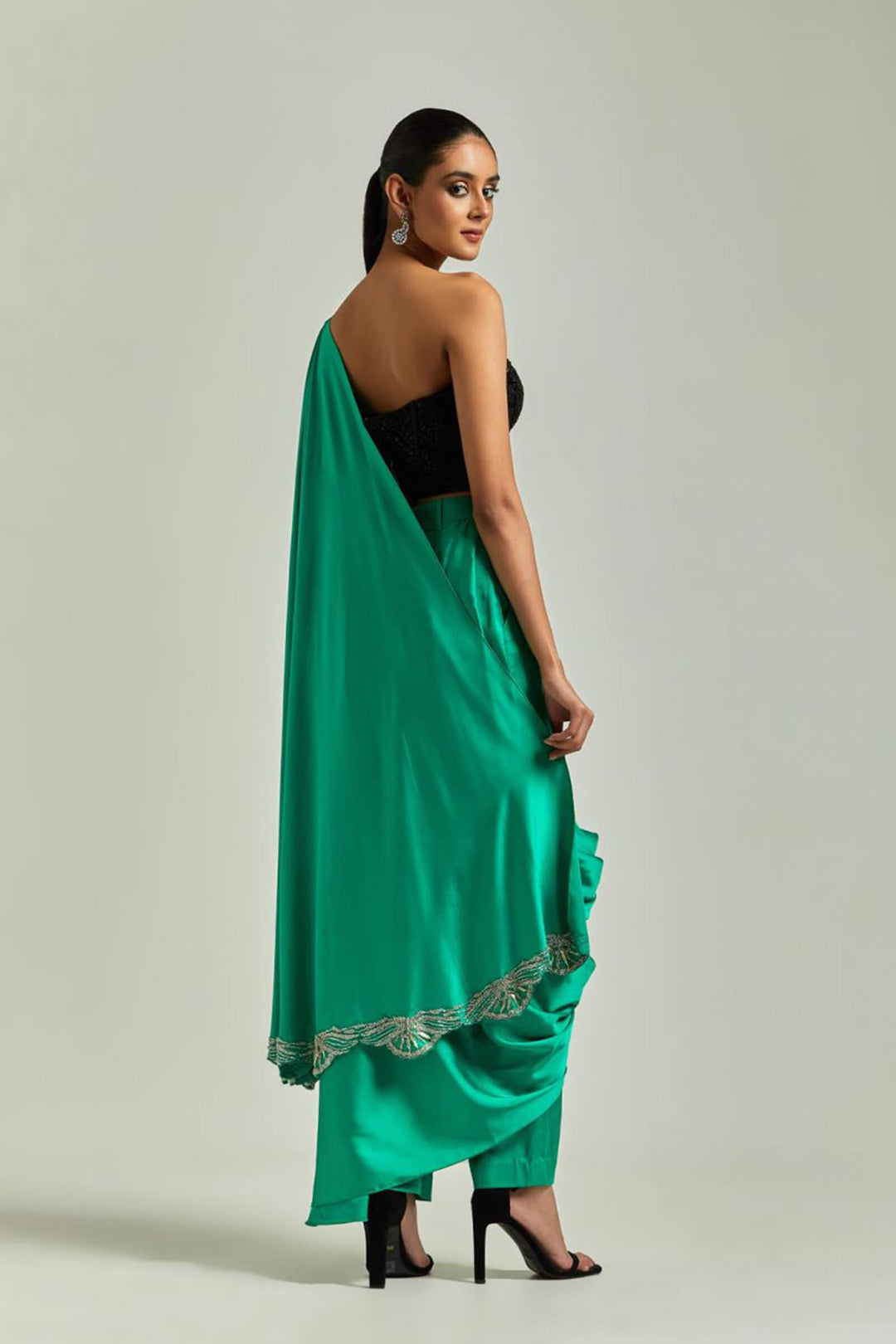 Emerald Green Satin Pant Saree With Black Corset