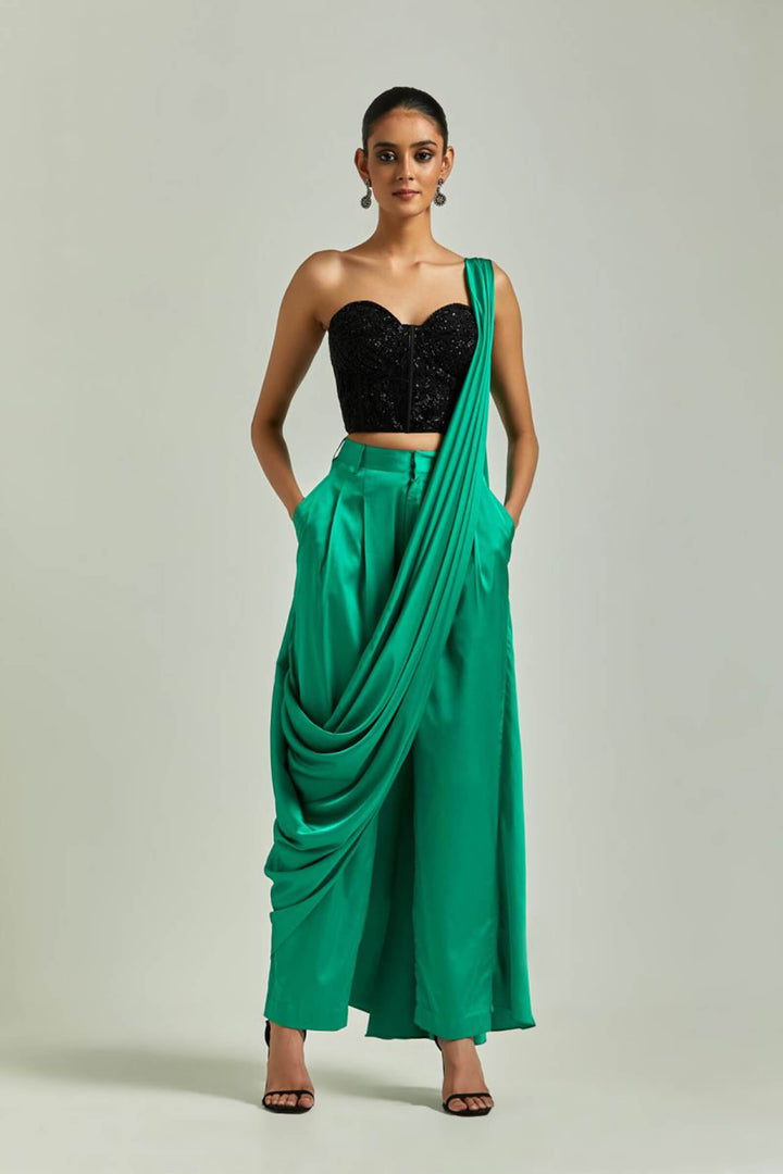 Emerald Green Satin Pant Saree With Black Corset