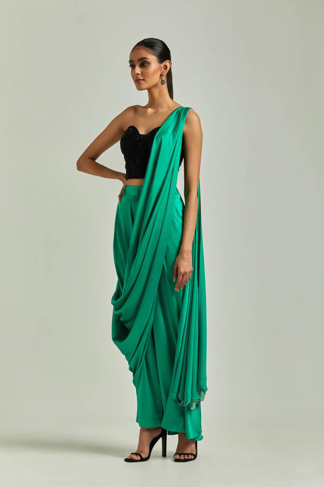 Emerald Green Satin Pant Saree With Black Corset