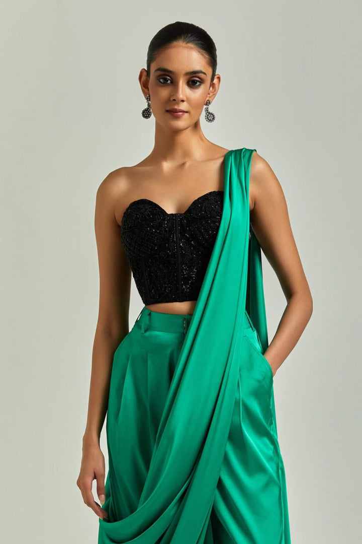 Emerald Green Satin Pant Saree With Black Corset