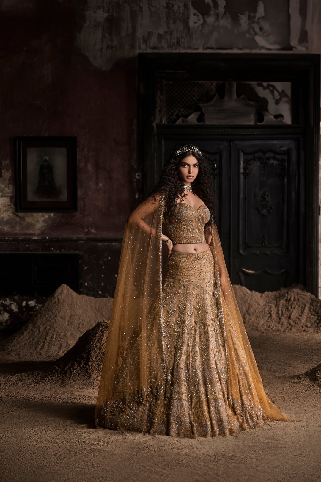 Gold Organza Lehenga With Corset And Dupatta