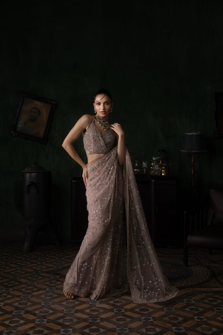 Pale Pink Pre-stitched Tulle Saree With Tie Up Blouse