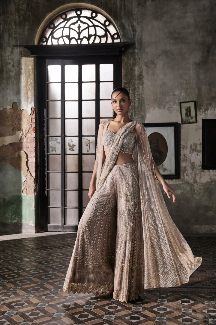 Old Rose Sharara Saree With Cape And Blouse
