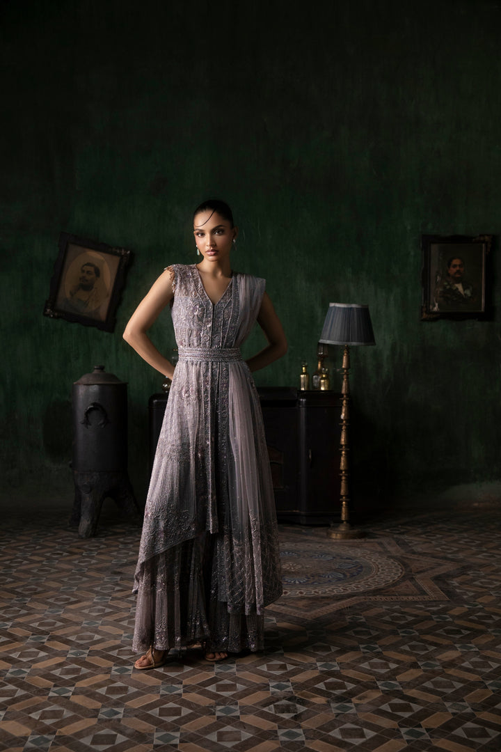 Mauve Sharara Set With Asymetrical Hemline