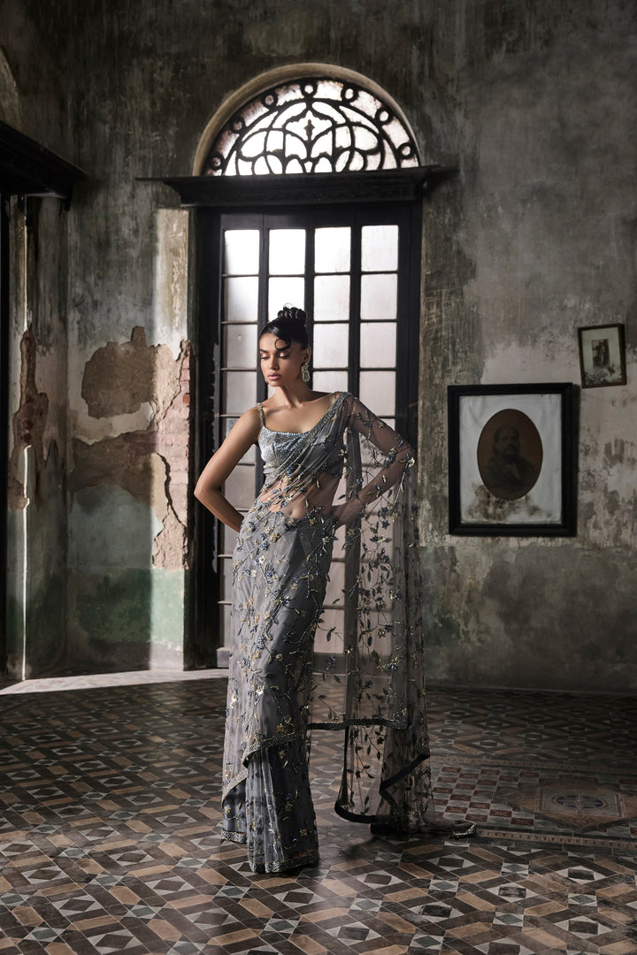 Slate Grey Hand Embroidered Tulle Saree With Beaded Blouse
