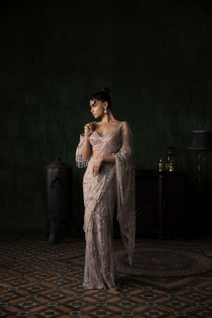 Stone Pre-stitched Saree With Sequinned Blouse