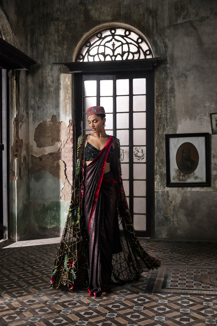 Black Foil Pre-stitched Drape Saree With Hand Embroidered Cape And Blouse
