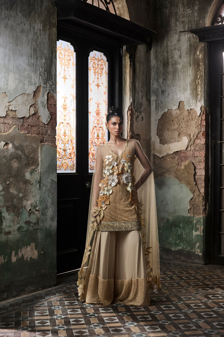 Beige Grid Work Sharara Set