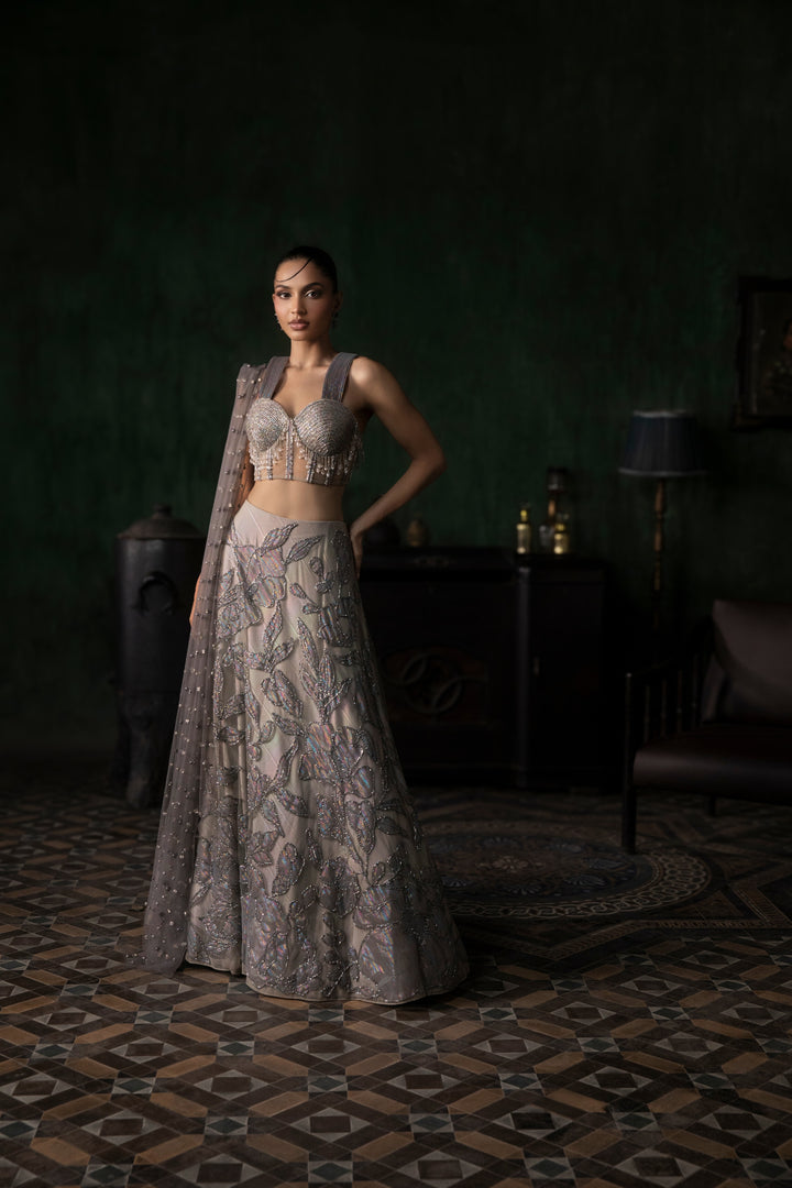 Grey Applique Lehenga With Corset And Armhole Dupatta
