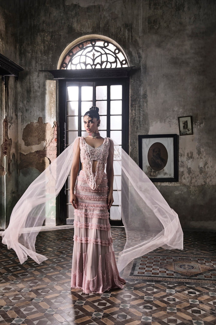 Old Rose Crystal Embellished Skirt With Draped Blouse