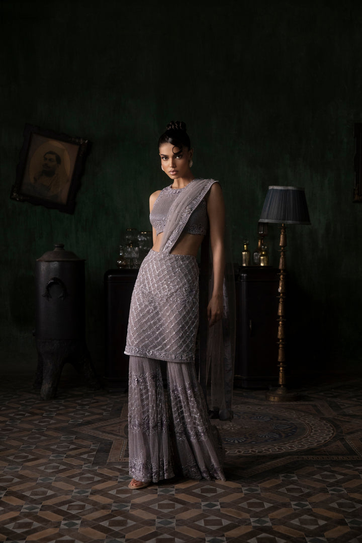 Mauve Skirt Sharara Saree With Halter Neck Blouse