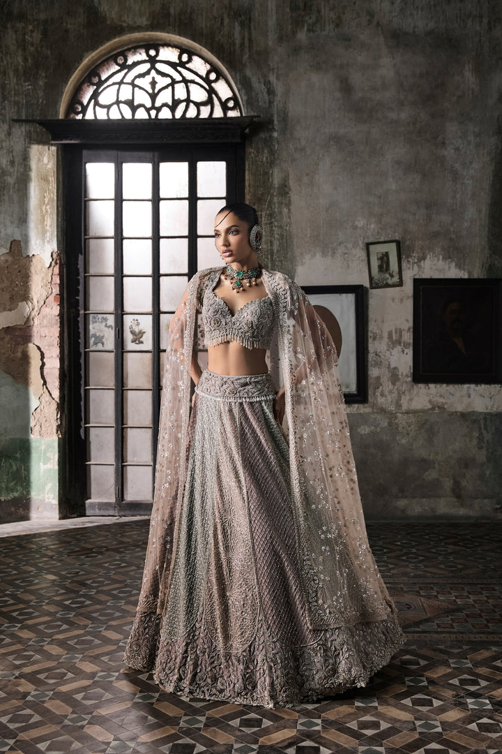 Multicolor Lehenga With Hand Embroidered Blouse And Tulle Veil