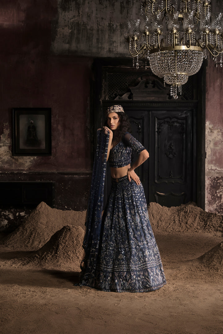 Navy Blue Organza Lehenga With Threadwork Blouse And Dupatta