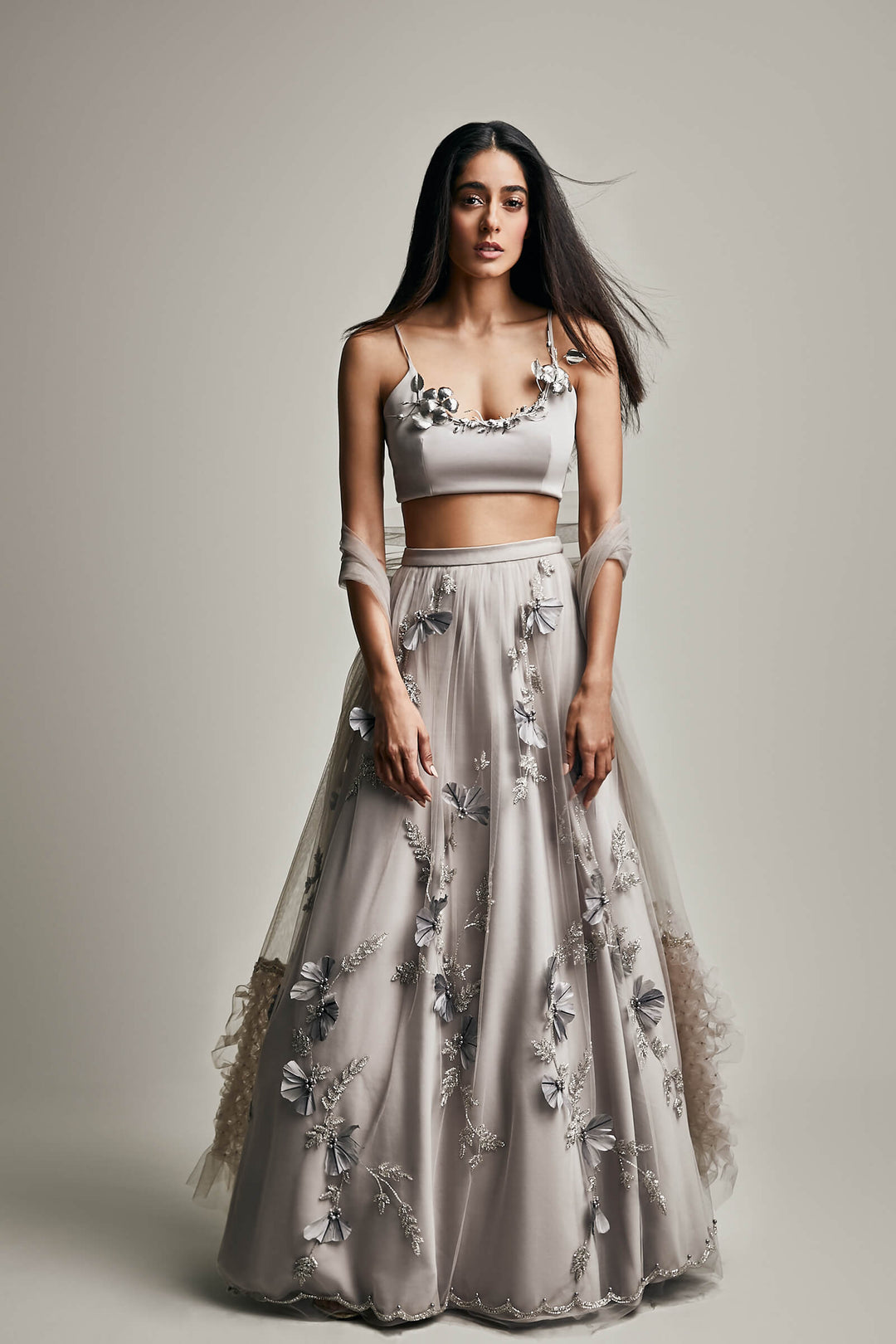 Hand Embroidered Lehenga With Hibiscus Bralet And Smocked Stole
