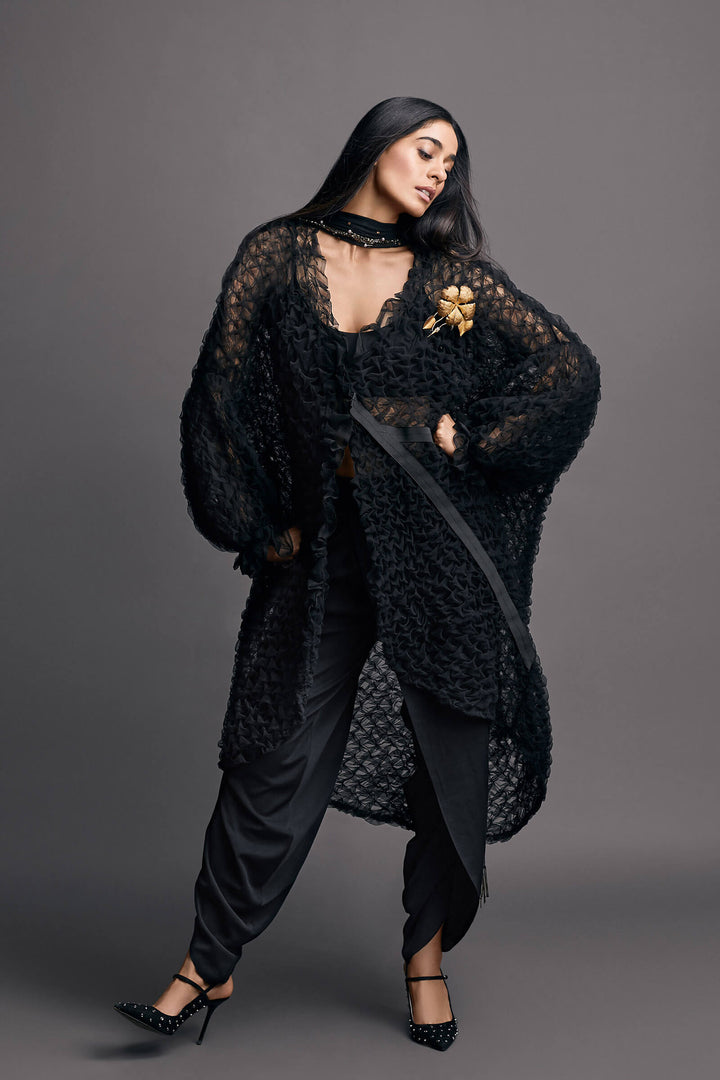 Oversized Smocked Jacket With Hibiscus Brooch/black Dhoti And Bralet