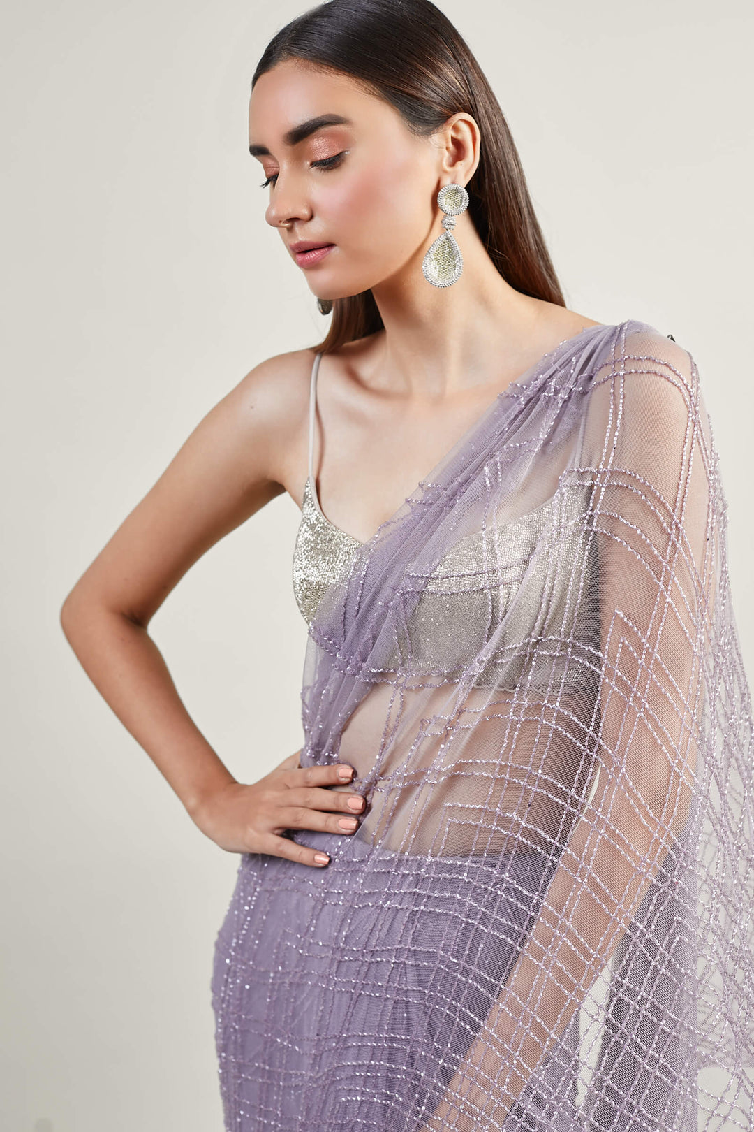 Lavender Geometric Pre-Stitched Saree With Structured Aanchal And Embroidered Blouse