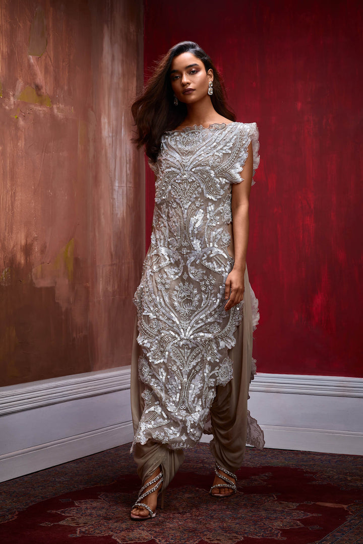 Nude Organza Cutwork Panelled Tunic With Draped Jumpsuit