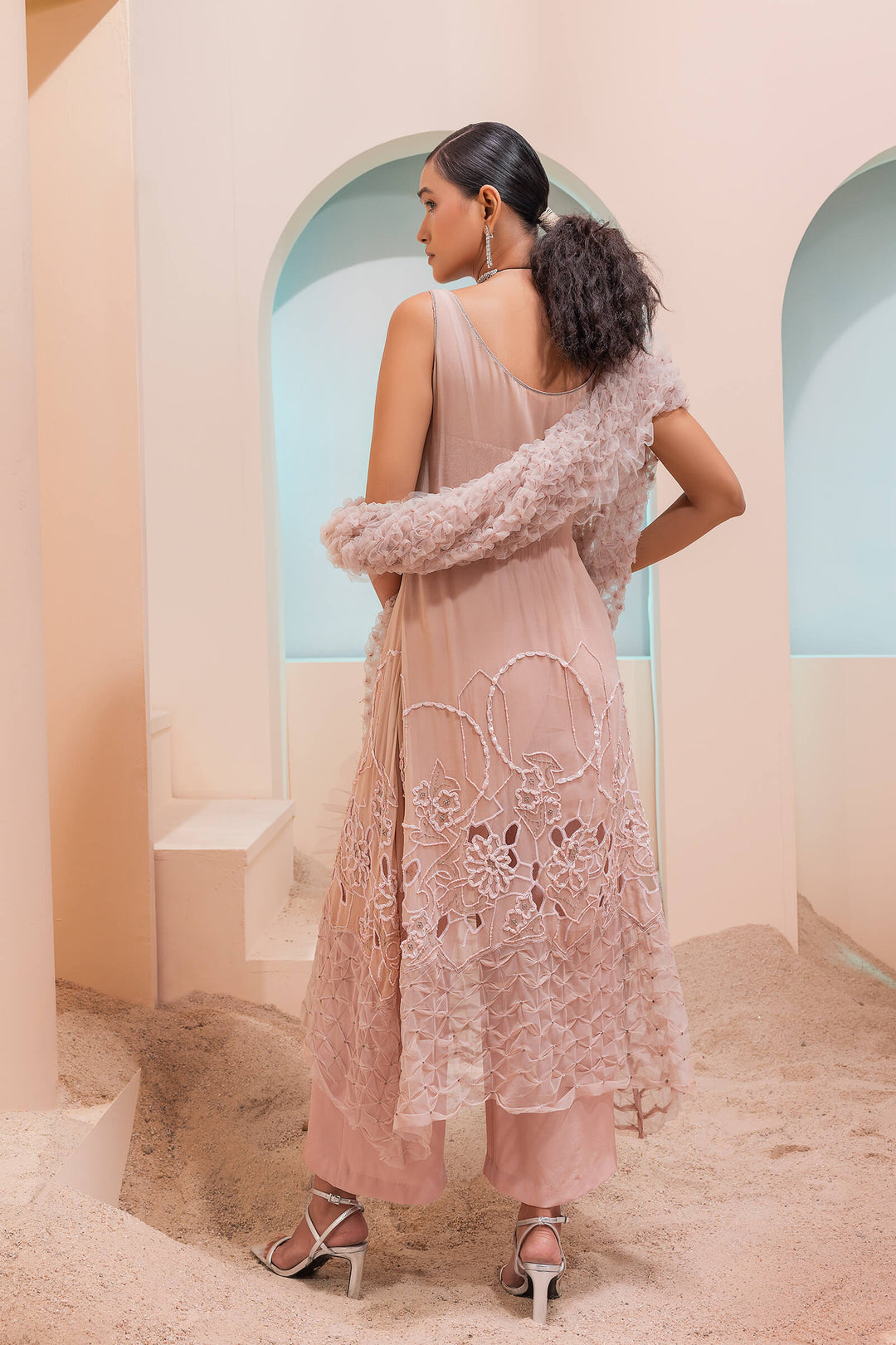 Burnt Pink Cutwork Tunic With Corset And Smocked Stole