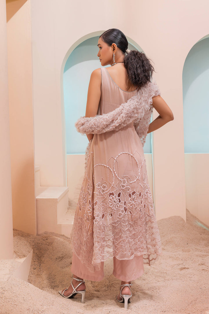 Burnt Pink Cutwork Tunic With Corset And Smocked Stole