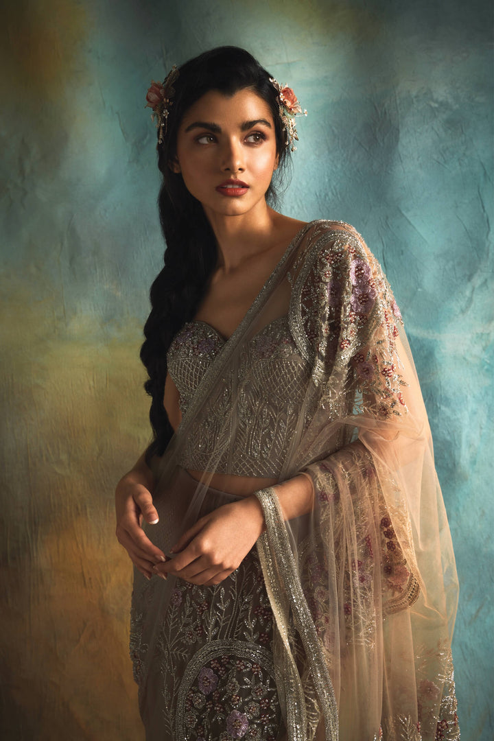 Tulle Saree With Geometric Embroidery And Corset Blouse