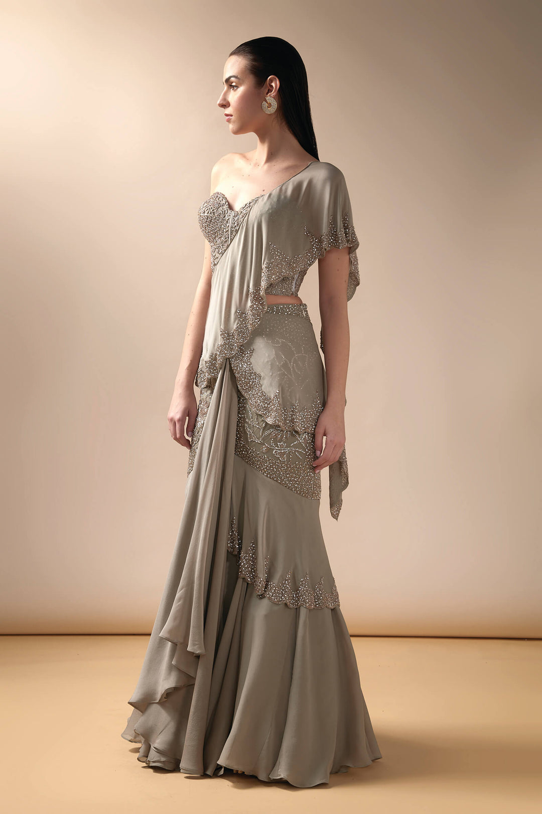 Grey Fishtail Saree With Embellished Corset