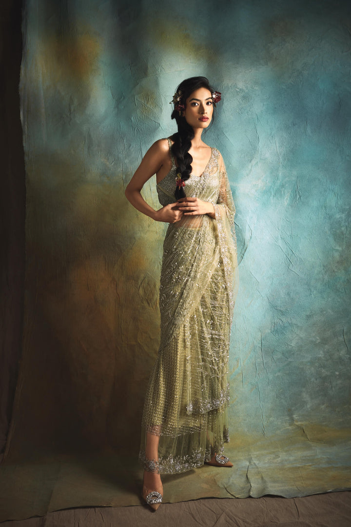 Grid Work Sharara Saree With Crystal Aanchal And Beaded Blouse (Moss)