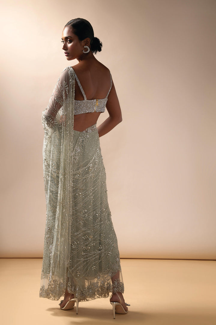 Grid Work Sharara Saree With Crystal Aanchal And Corset Blouse (Mint)