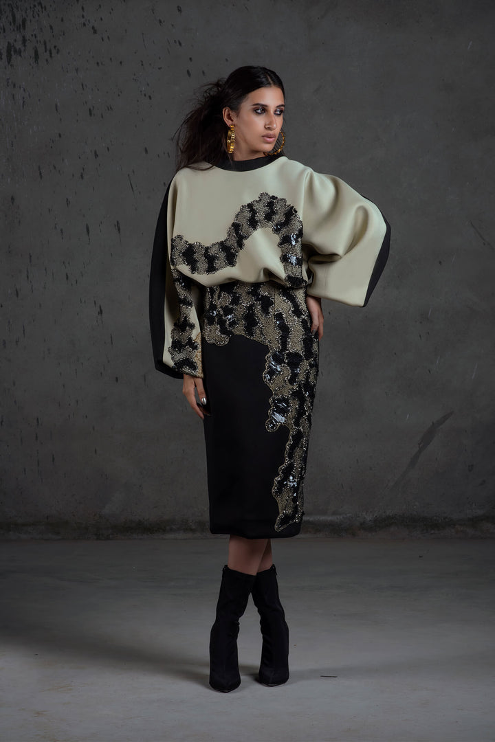 Black And Oyster Bouffant Sleeve Top With Embroidered Pencil Skirt