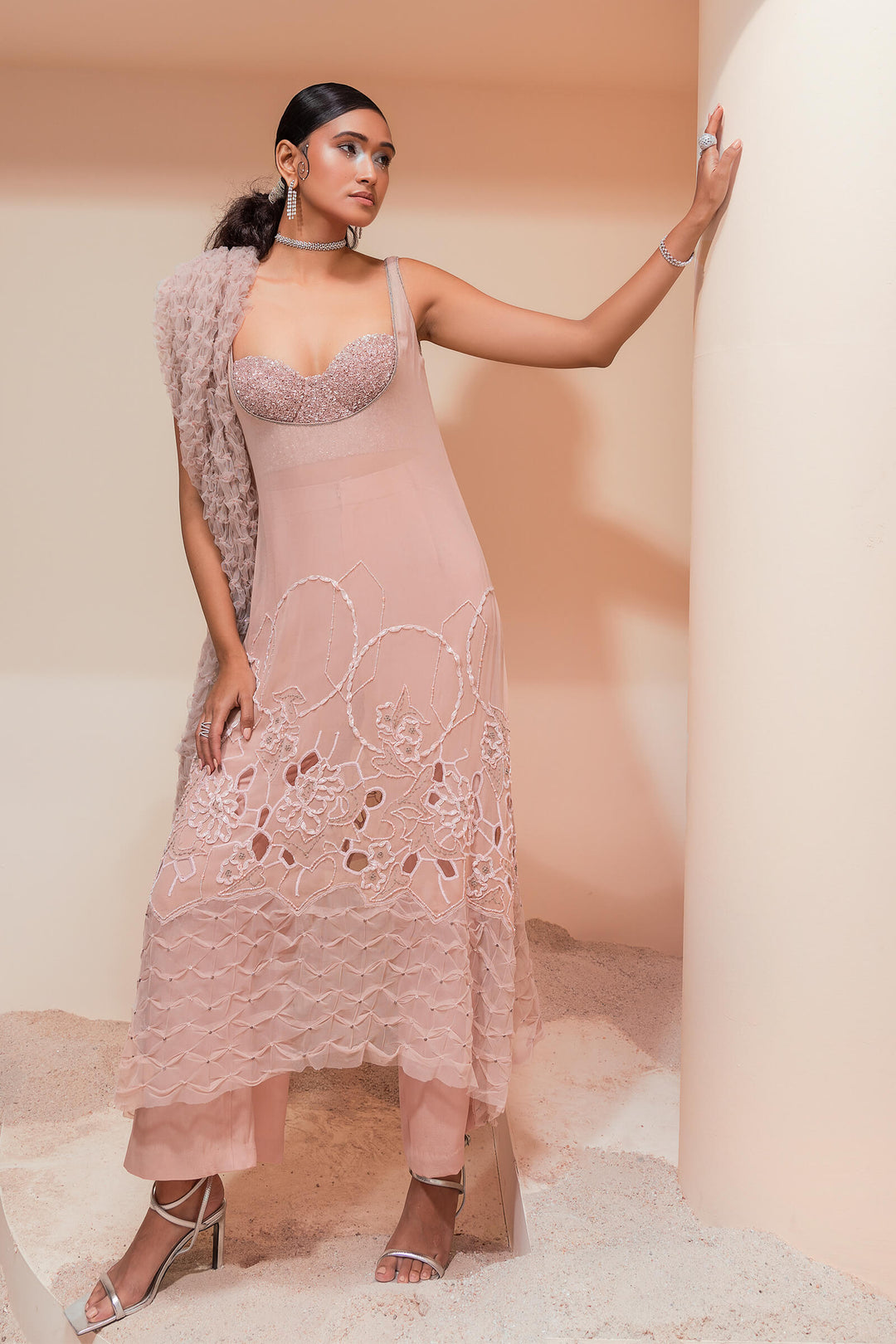 Burnt Pink Cutwork Tunic With Corset And Smocked Stole