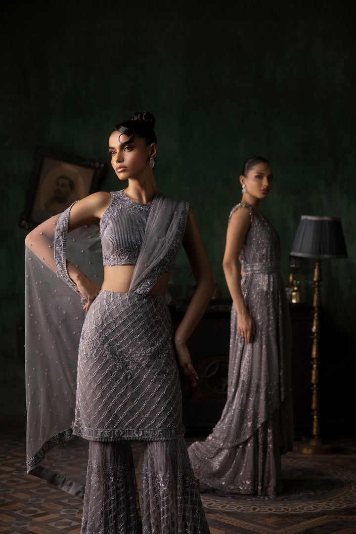 Mauve Skirt Sharara Saree With Halter Neck Blouse
