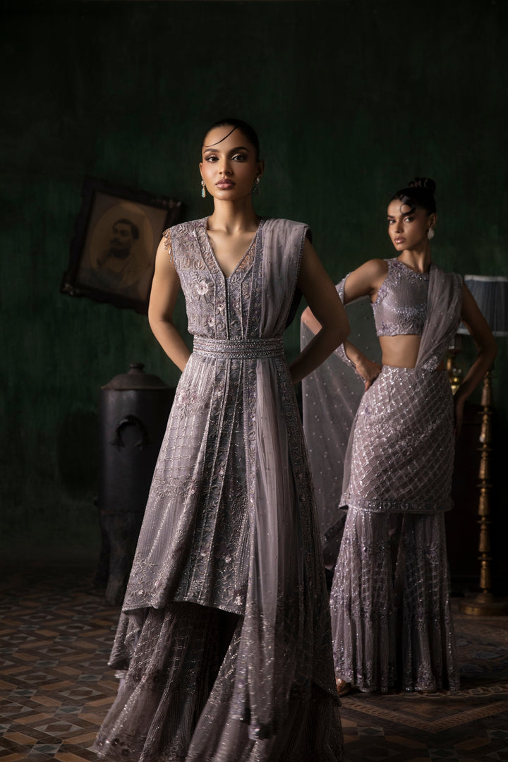 Mauve Sharara Set With Asymetrical Hemline