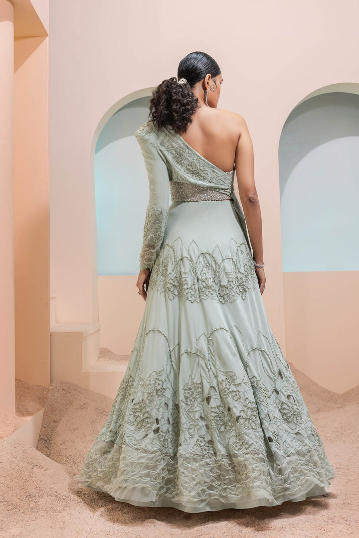 Mint Green Georgette Cutwork Lehenga With Cross Over Jacket And Beaded Corset