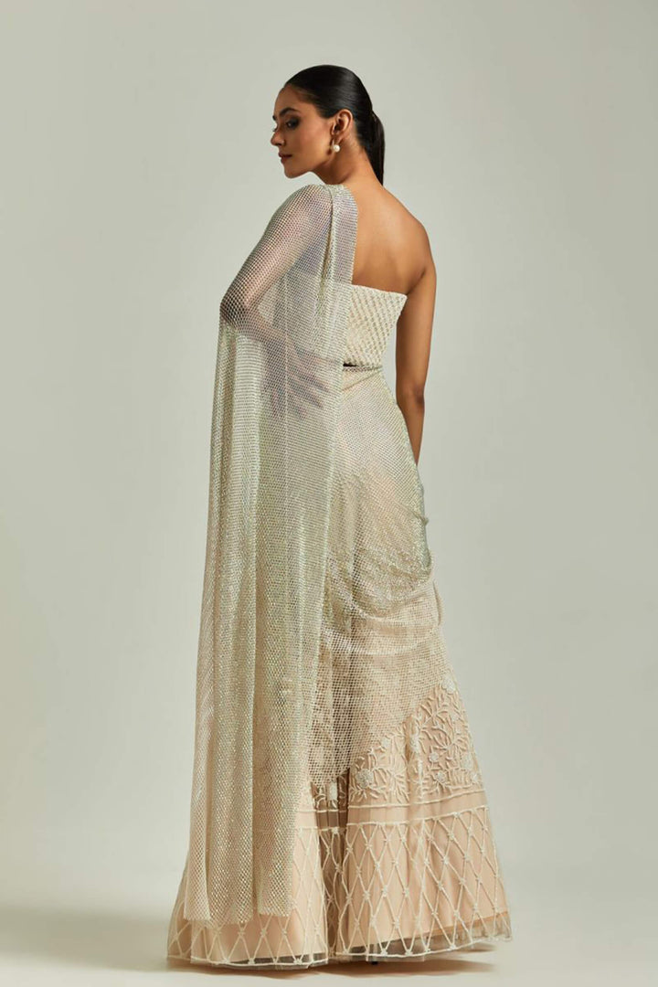 Cream Lehanga Saree With Rhinestone Aanchal And Cream Corset