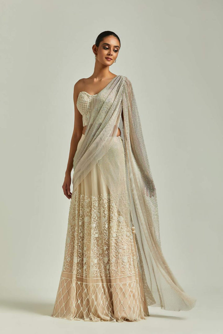 Cream Lehanga Saree With Rhinestone Aanchal And Cream Corset