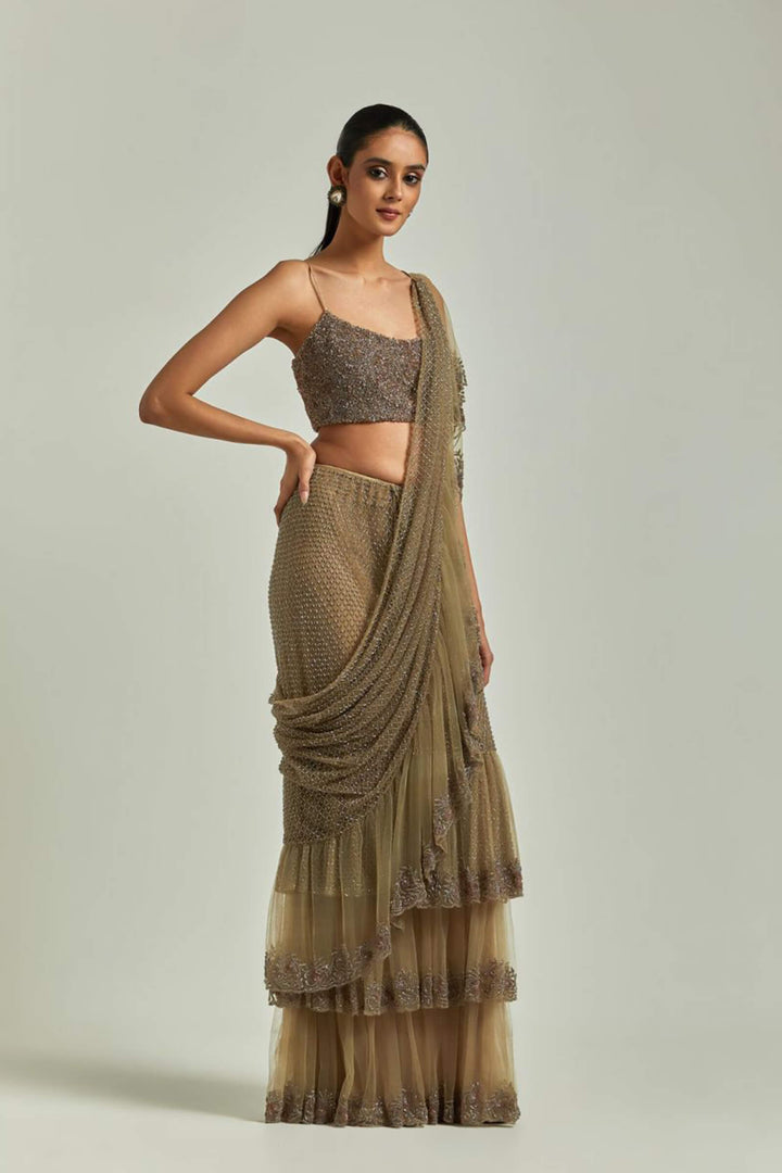 Brown 3 Layer Saree With Beaded Blouse