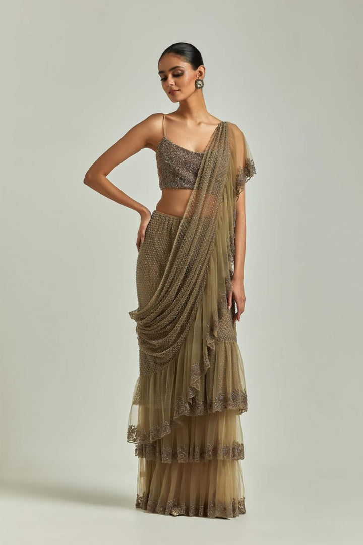 Brown 3 Layer Saree With Beaded Blouse