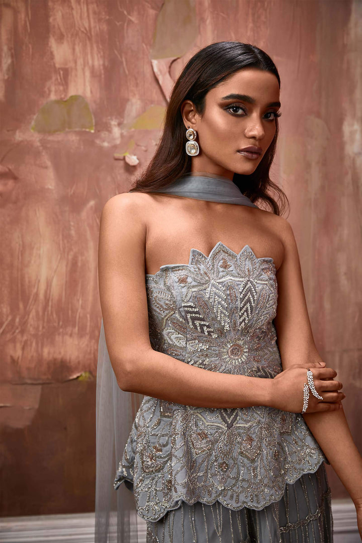 Powder Blue Hand Embroidered Corset With Palazzos And Smocked Stole