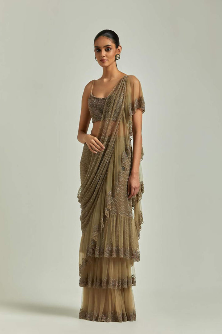 Brown 3 Layer Saree With Beaded Blouse