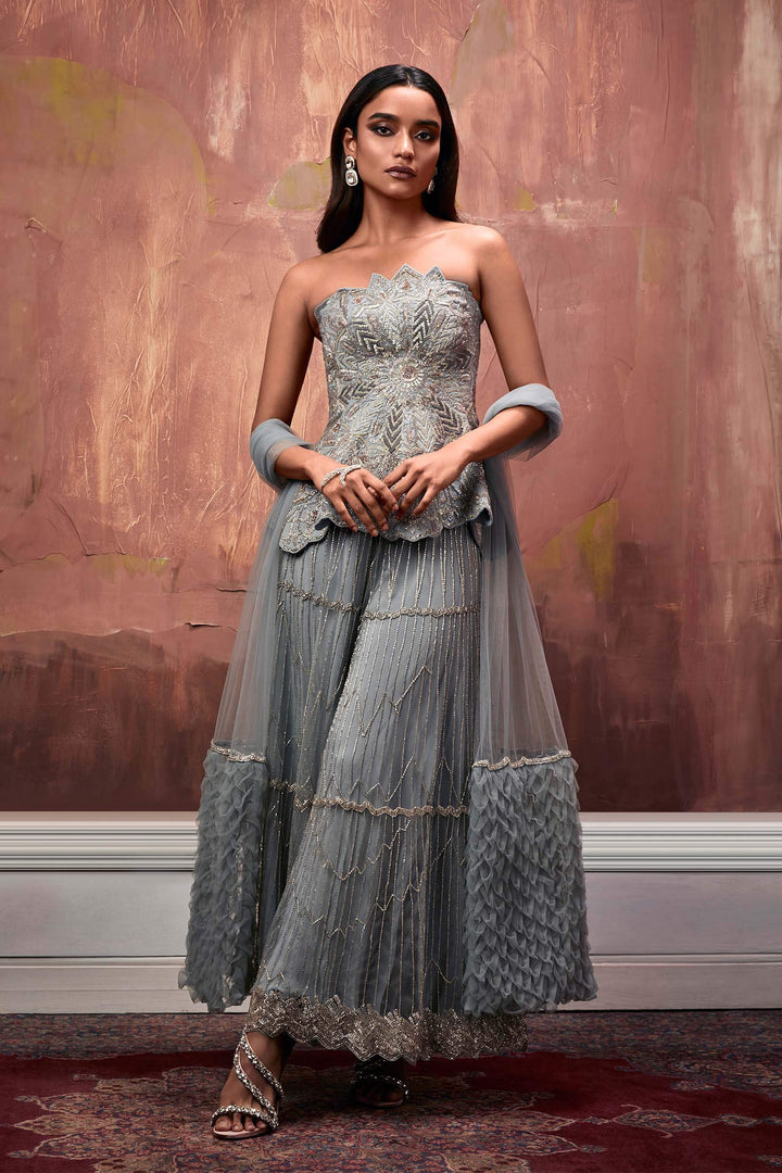 Powder Blue Hand Embroidered Corset With Palazzos And Smocked Stole