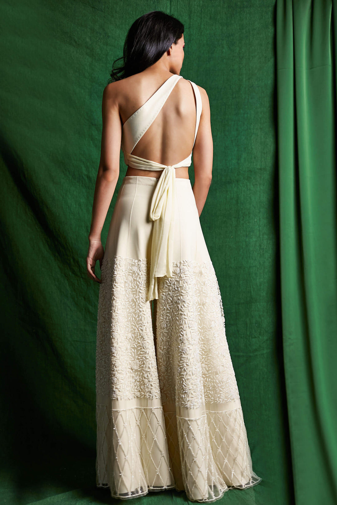 Wide Legged Jumpsuit Encrusted With Delicate Pearls And Bugle Beads