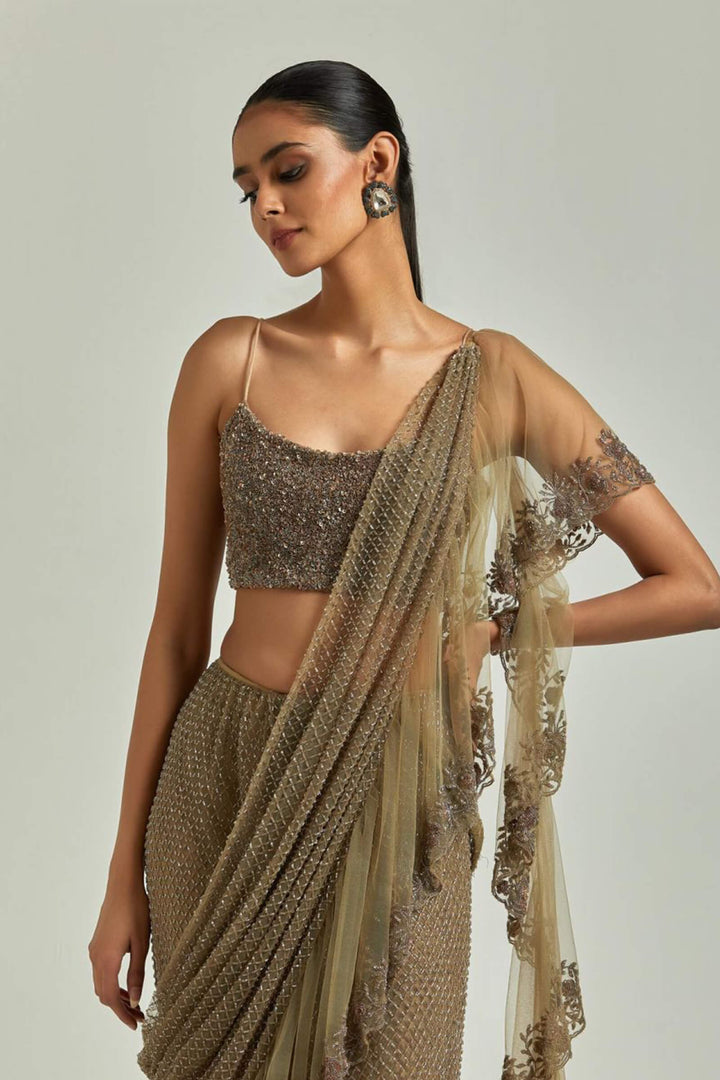 Brown 3 Layer Saree With Beaded Blouse