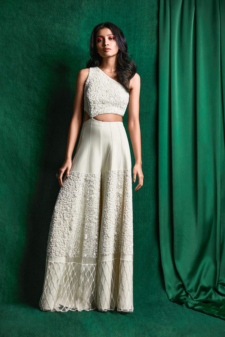 Wide Legged Jumpsuit Encrusted With Delicate Pearls And Bugle Beads