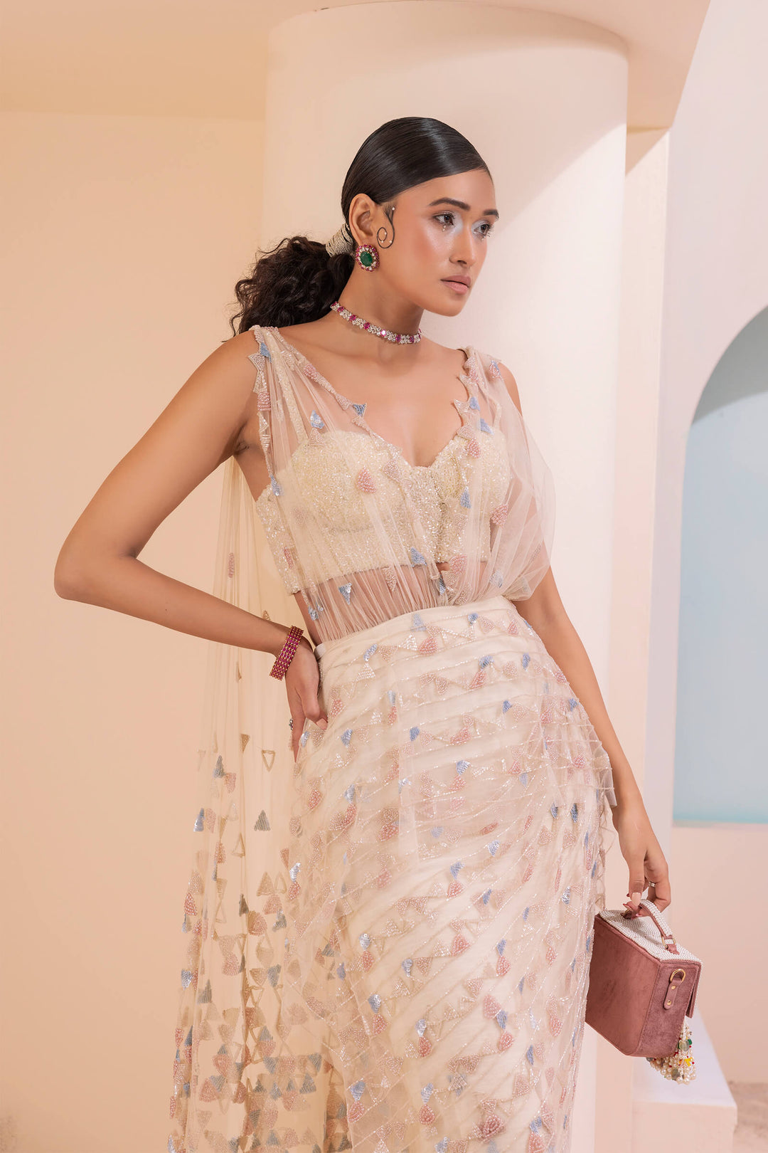 Cream Dungaree Pre-stitched Saree With Geometric Beadwork And Beaded Corset