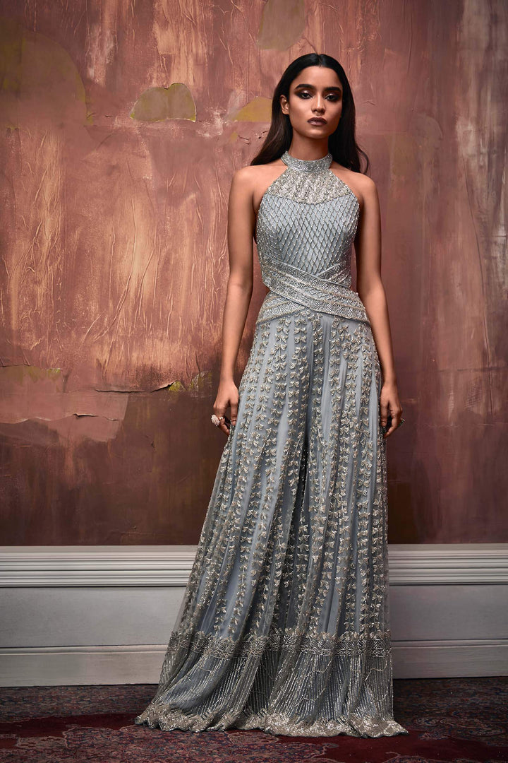 Powder Blue Cut Out Jumpsuit With Silver Beadwork